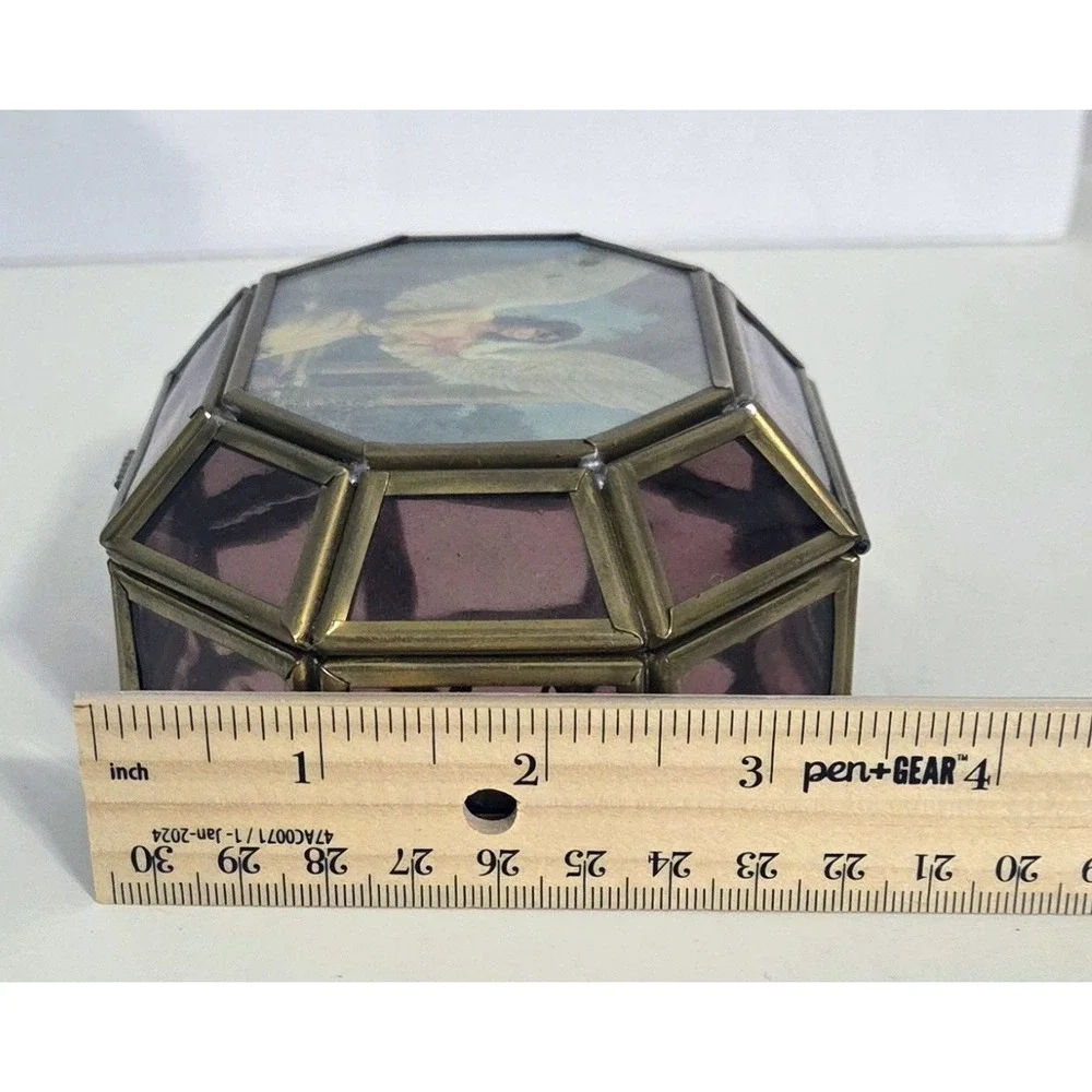 VIVA! Mexico Brass Trinket Box Hinged Purple Glass Panel Hexagonal Vintage Angel